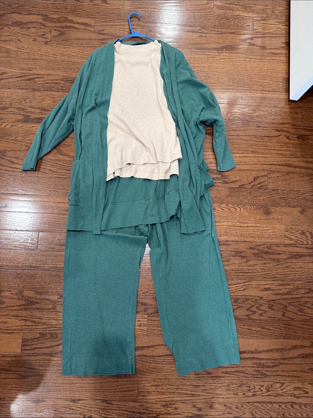 Pact Airplane Set - Green Cardigan & Wide-Leg Pant Set with Cream Top